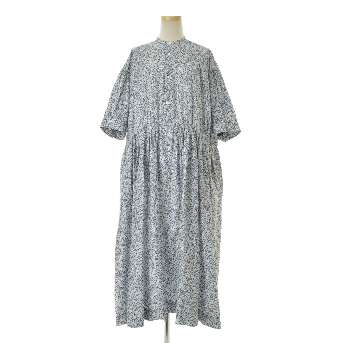 TOUJOURS / トゥジュー Classic Gathered Dress Blue Gray Flower 七分袖ワンピース  -ブランド古着の買取販売カンフル