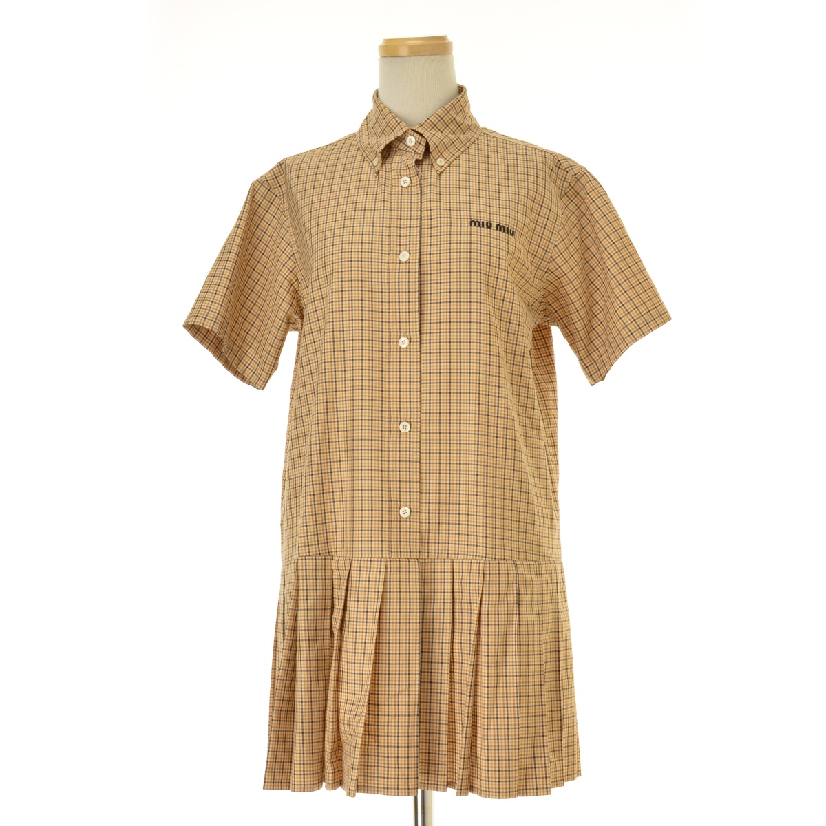 MIU MIUプリーツ入り チェック ポプリン ドレス